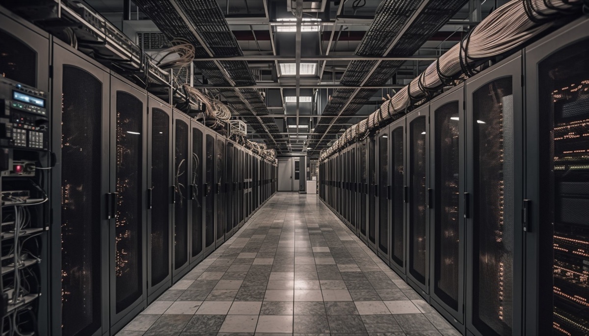 A long corridor of server cabinets with cable trays overhead